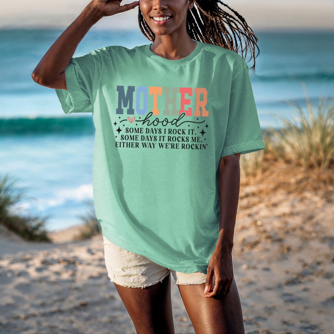 Motherhood: We're Rockin’" Tee – Garment-Dyed Unisex T-Shirt for Moms