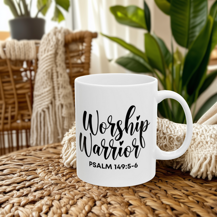 Worship Warrior Ceramic Mug - Inspirational Psalm 149:5-6 Coffee Cup